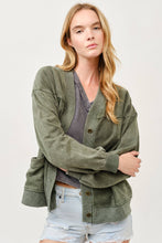 Green Washed Button-Front Cardigan Jacket with Pockets