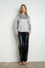 Grey Metallic Foil Knit Button Up Long Sleeve Shirt