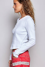 Off White Solid Half Placket Vintage Washing Long Sleeve Knit POL Top