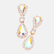 Saphire Silver Double Teardrop Accented Rhinestone Trimmed Dangle Evening Earrings