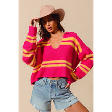 FUZZY HAIRY STRIPE DEEP U NECK SWEATER TOP: IVORY/BLACK / L