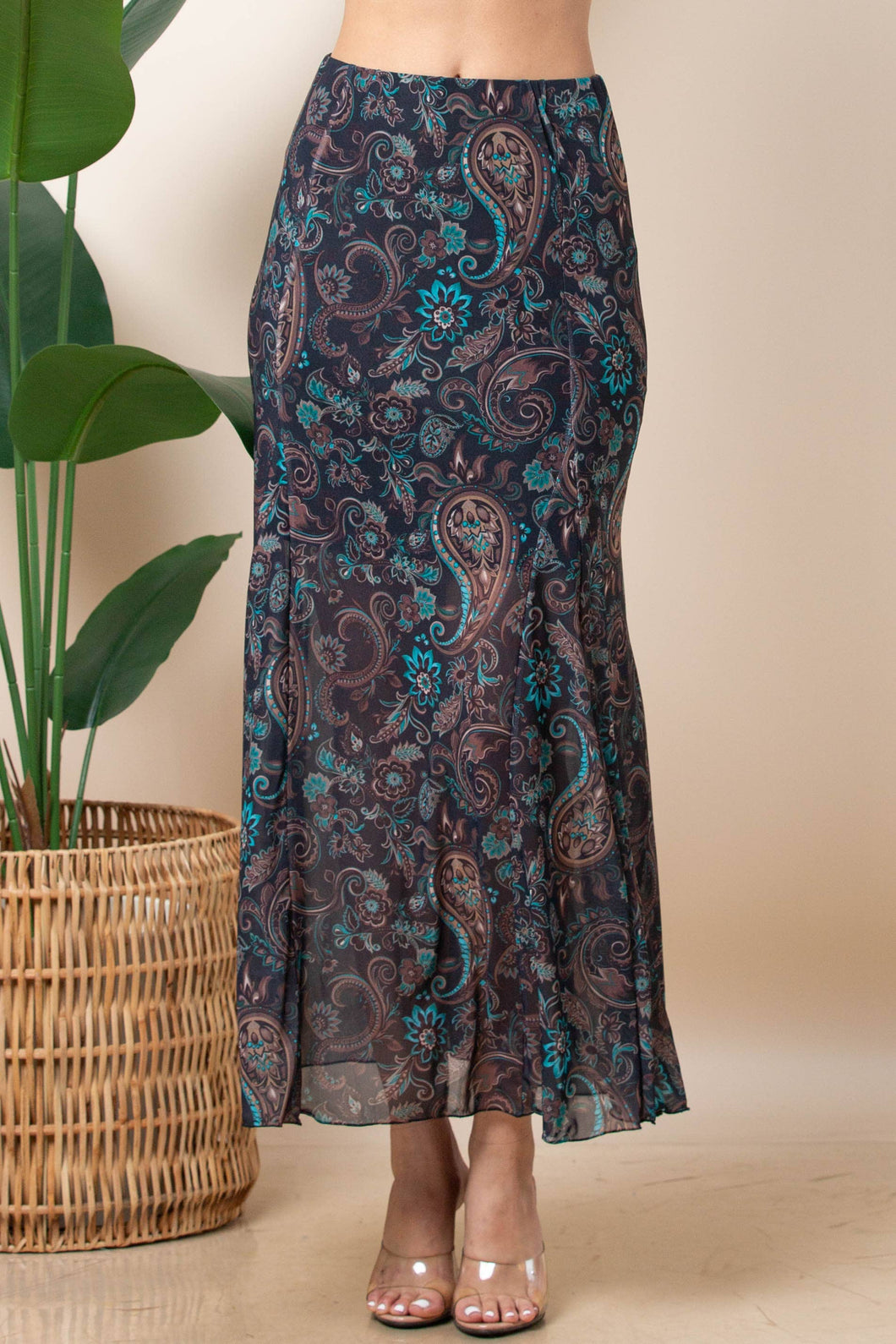 Brown Teal Paisley Lined Mesh Skirt