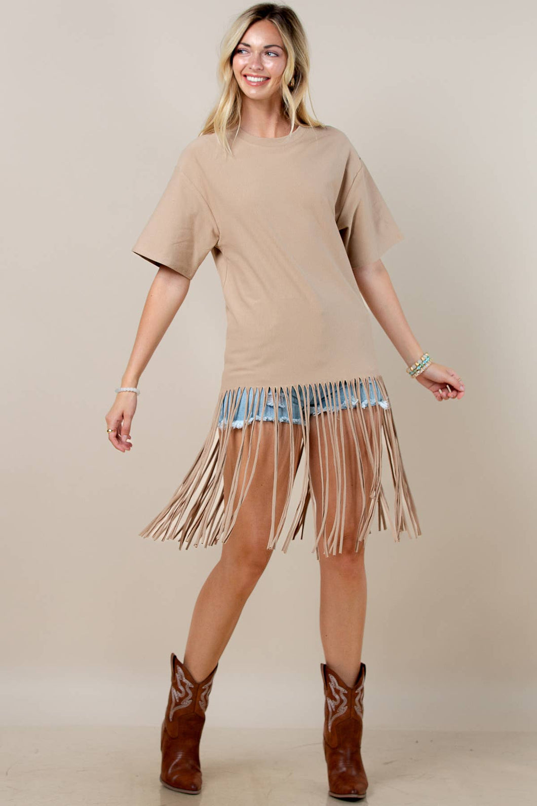 Camel Helen Solid  Fringed  Tunic Top