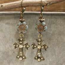 Vintage Bronze Cross & Denim Czech Dangle Earrings