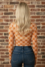 Orange Halloween Checker Long Sleeve Mesh Blouse