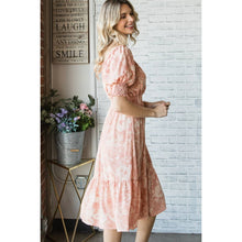 Peach Vintage Floral Square Neck Midi Dress
