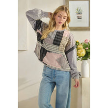Dolphin Washed Patchwork Fabric Mixed Long Sleeve Oli+Hali Top