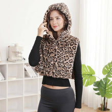 Dark Brown Faux Fur Leopard Print Hooded Zipper Front Crop Vest