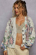 Cream V neck floral print metal flower button sweater POL cardigan