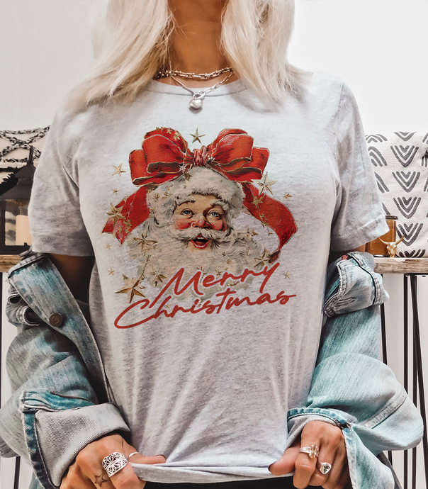 Natural Merry Christmas Santa Bow T-Shirt