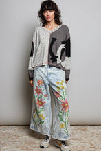 Black Star Patches Balloon Sleeve Deep V Neck Thermal Knit POL Top