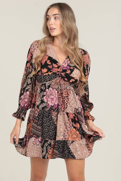 Black Twist Front Long Sleeve Patchwork Dress