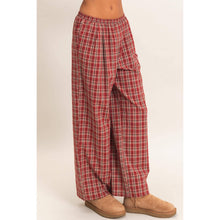 Dark Red Elastic Waist Plaid Pants
