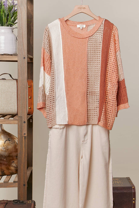 Coral Contrast Striped Short Sleeve Knit Mello Top