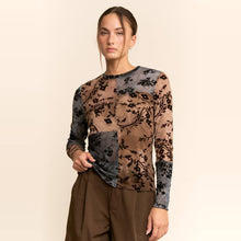 Mocha Blue Floral Flocked Patchwork Mesh DD Top