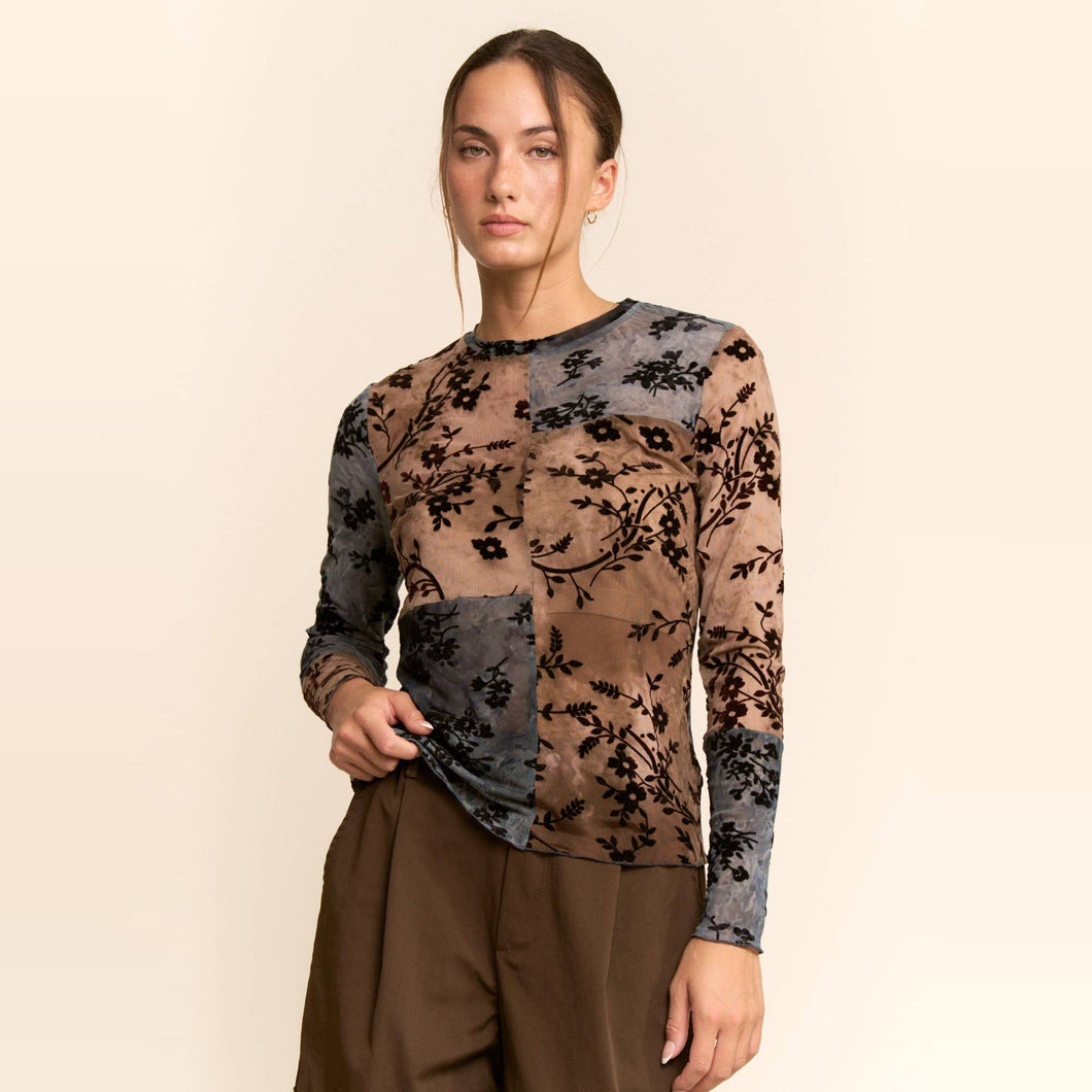 Mocha Blue Floral Flocked Patchwork Mesh DD Top