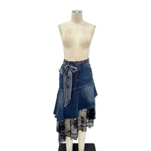 Blue Asymmetrical Denim & Lace Skirt with Belt