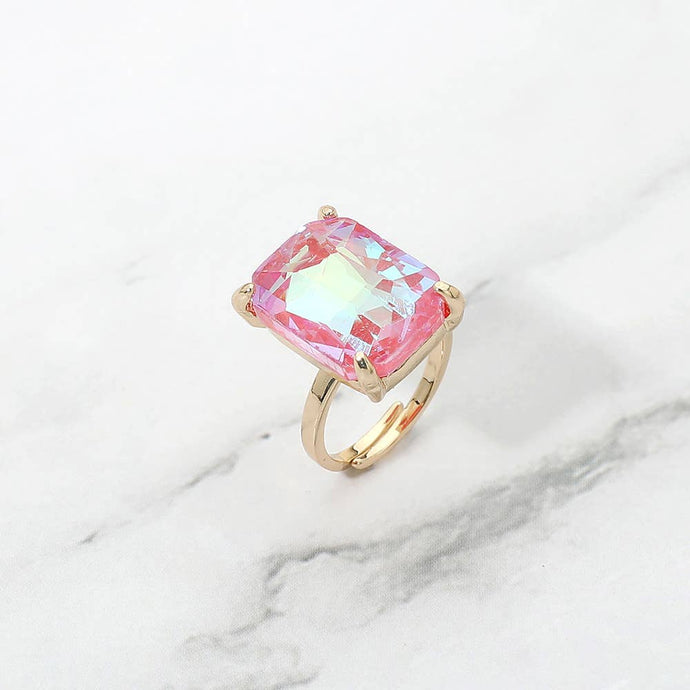 Coral Bold Emerald Cut Stone Cluster Accent Adjustable Ring