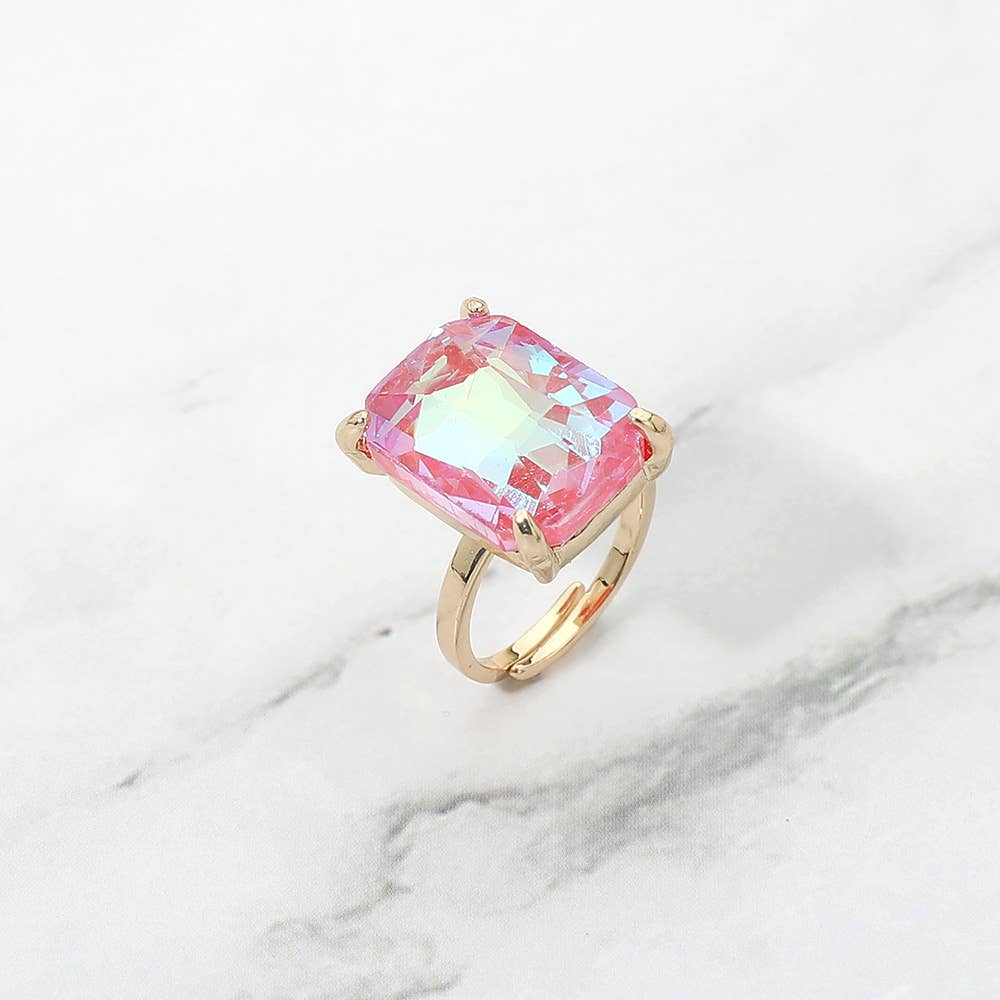 Coral Bold Emerald Cut Stone Cluster Accent Adjustable Ring