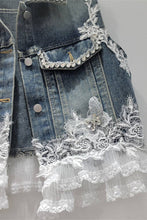 Blue Embellished Lace Denim Vest
