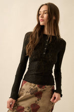 Black Floral Lace Raglan-Sleeve Henley Top