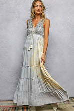 Light Grey Multi Deep V-Neck Cotton POL Dress with Tassel Loop Mirror Patch Tie-Dye