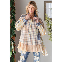 Blue washed Ruffle Lace Hem Button Up Plaid Oli+Hali Shirt