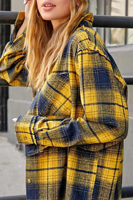 Mustard Navy Mineral Washed Button Down Soft Fabric Plaid Shirts