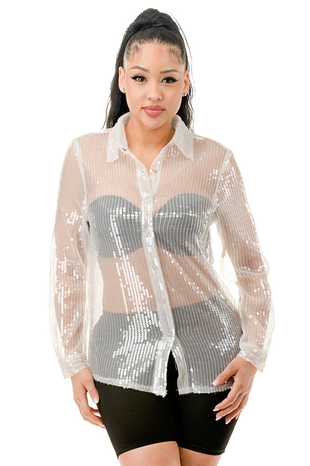 White See Through Sequin Shirts