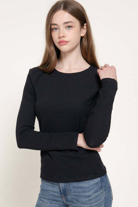 Black Long Sleeve Round Neck Rib Knit Top