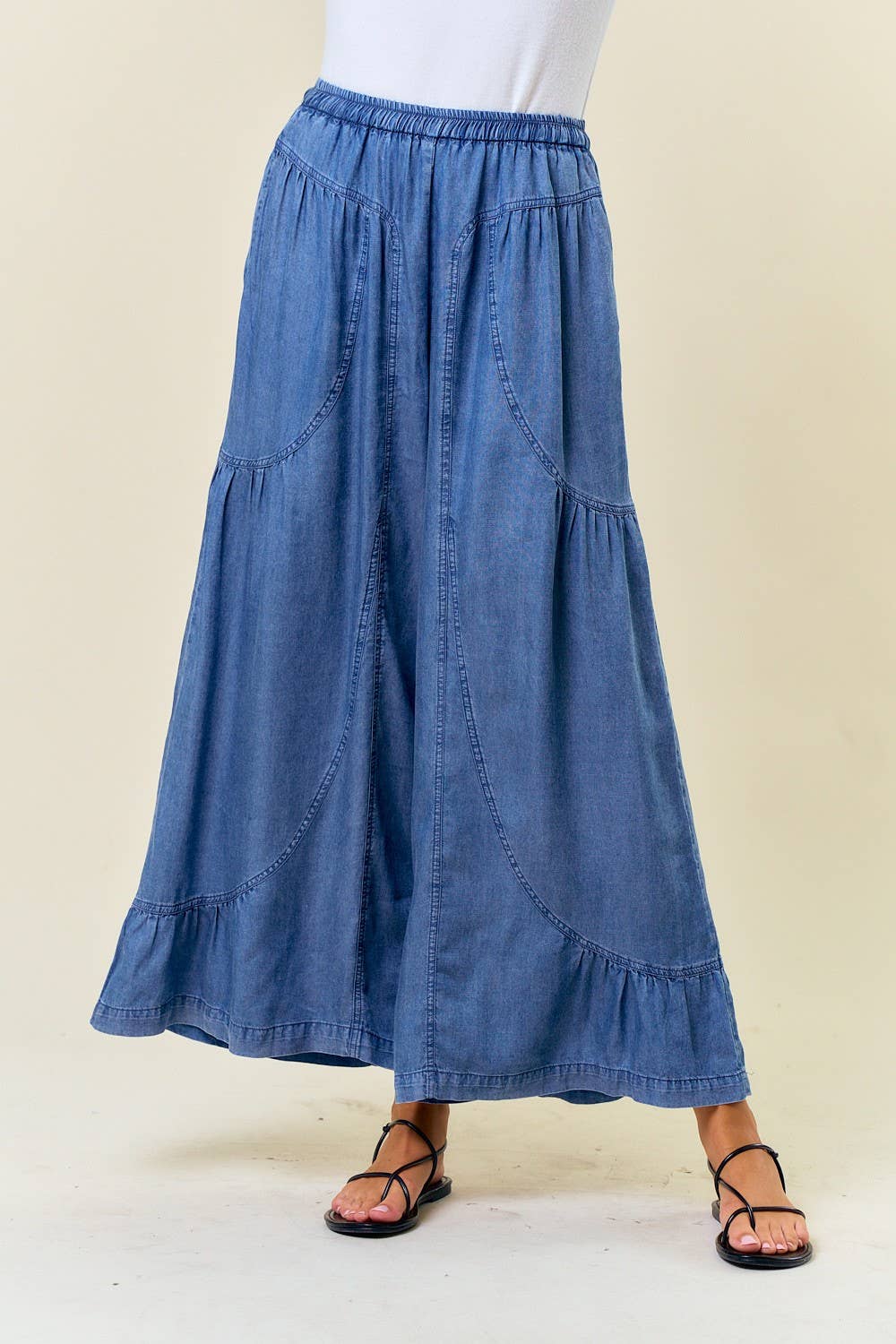 Dark Denim Elastic Waist Wide Leg Pants with Side Pocket