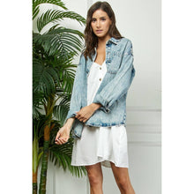 Medium Wash Striped RhineStone Denim Shacket