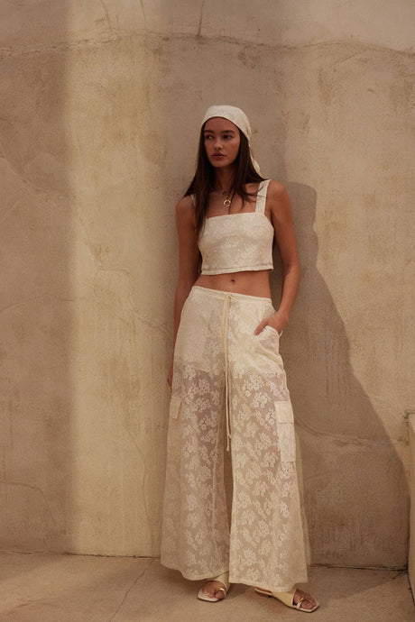 Cream Floral Lace Drawstring Cargo Pants