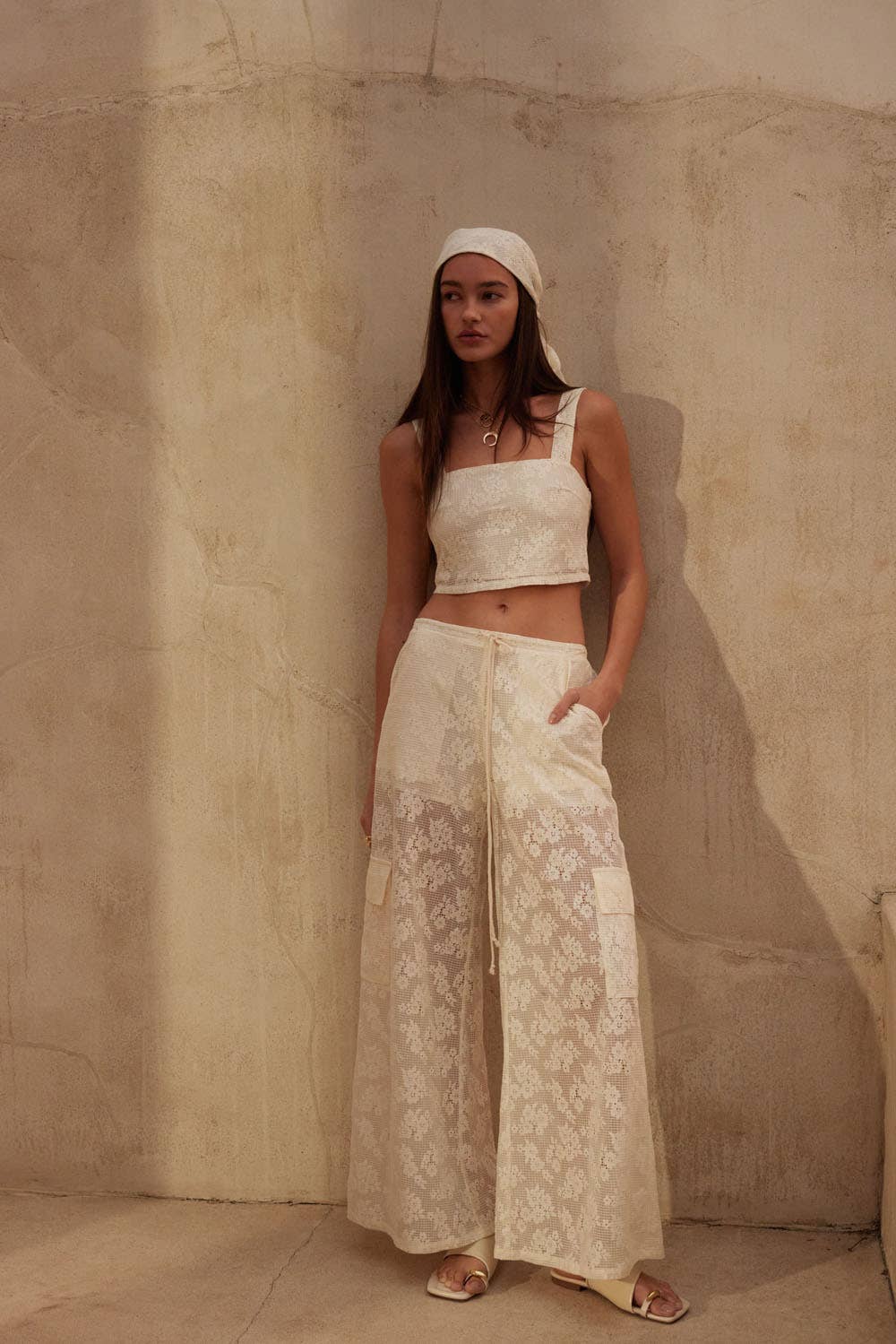 Cream Floral Lace Drawstring Cargo Pants