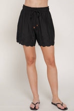 Black Waistband with String Eyelet Hem Woven Shorts