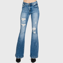 Distressed Mid Rise Stretch Flare Trouser Hem Pants