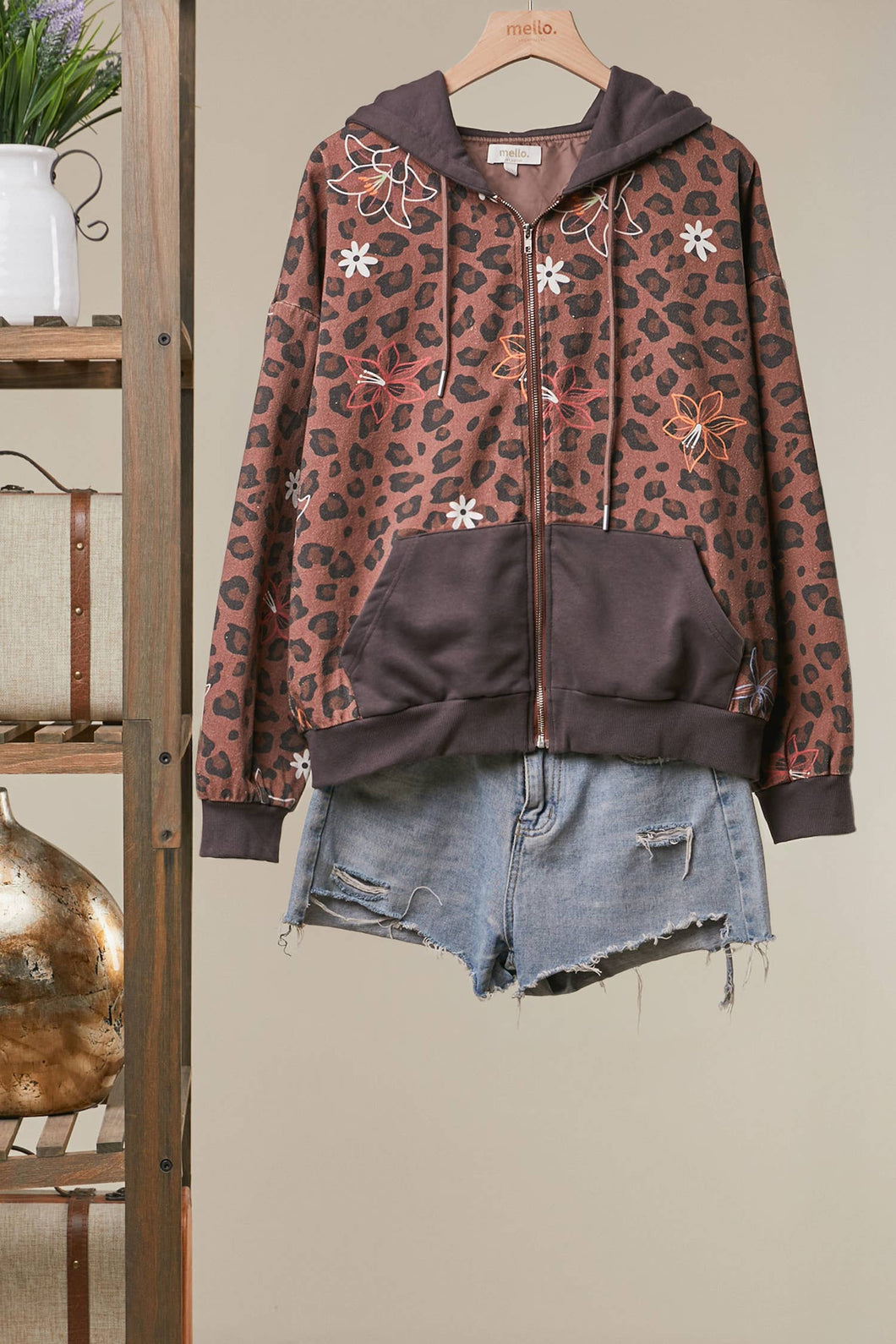 Brown Zip-Up Hoodie with Floral Embroidery Jacket