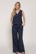 Navy Ivory Elastic Waist Striped Gauze Woven Pants