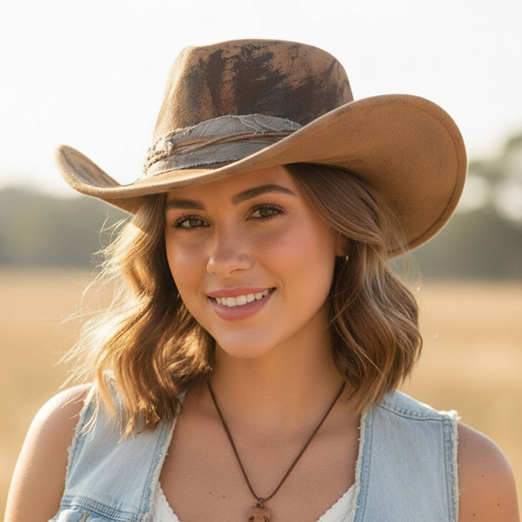 Distressed Fabric Band Rustic Cowgirl Fedora Hat