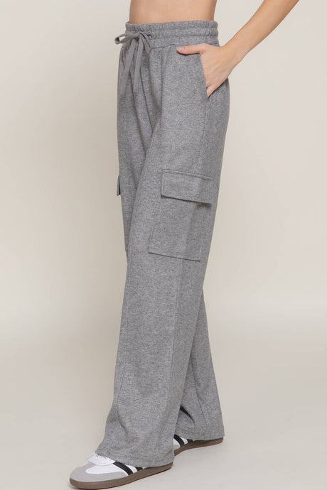 Heather Grey Waistband Drawstring Side Pocket Knit Corduroy Long Pants