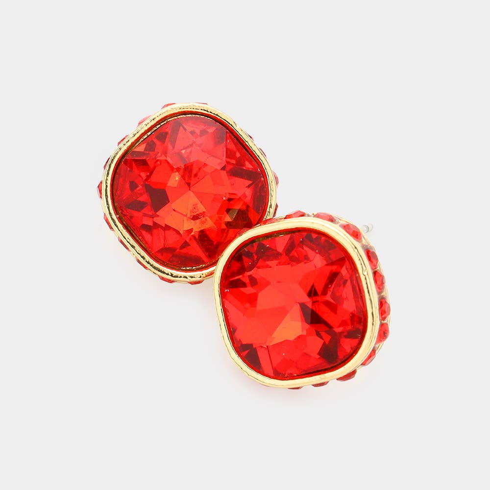 Siam Rhinestone Trimmed Square Stone Evening Stud Earrings