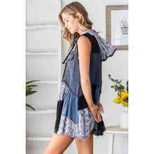 Navy Washed Mix Media Ruffle Flare Hem Hooded Oli+Hali Vest Top