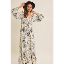 Cream Charcoal Cozy Fall Picnic Floral Smocked Maxi Dress