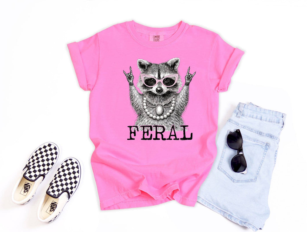 Pink Feral Raccoon Throwing Hands Funny Graphic Tee