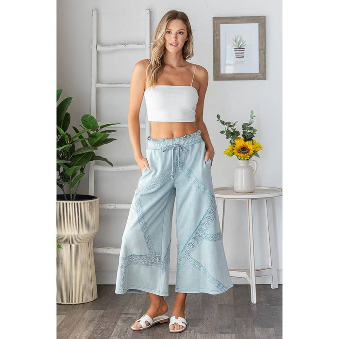 Light Blue Washed Lace Trim Terry Wide Leg Oli+Hali Pants