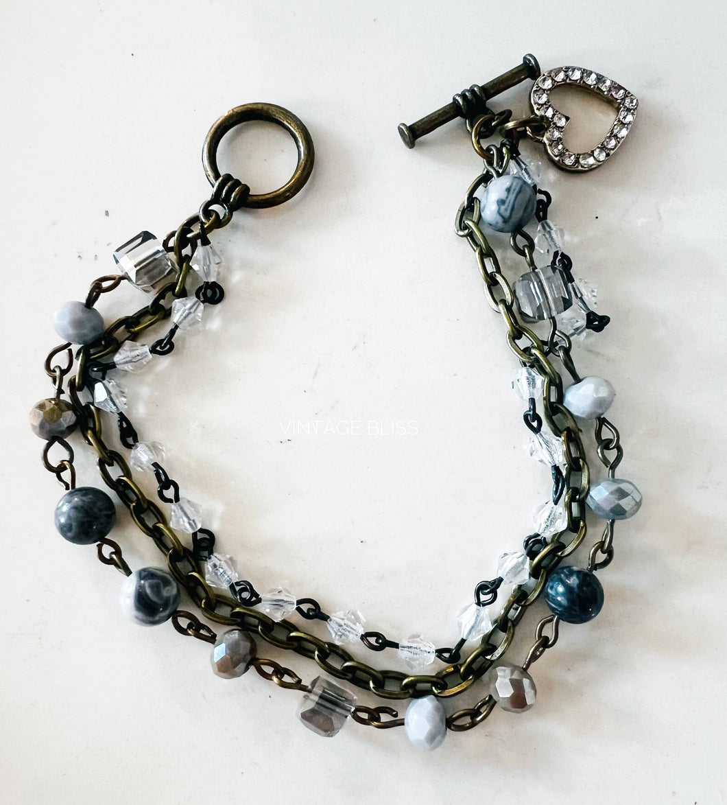 Grey Neutral Tones Beaded Triple Strand Chain Bracelet