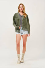 Green Washed Button-Front Cardigan Jacket with Pockets