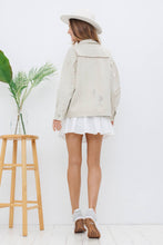 Beige Washed Trim Detail Snap Up Twill Distressed Jacket