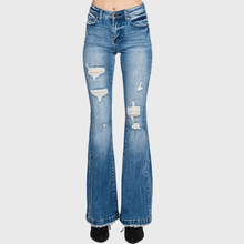 Distressed Mid Rise Stretch Flare Trouser Hem Pants