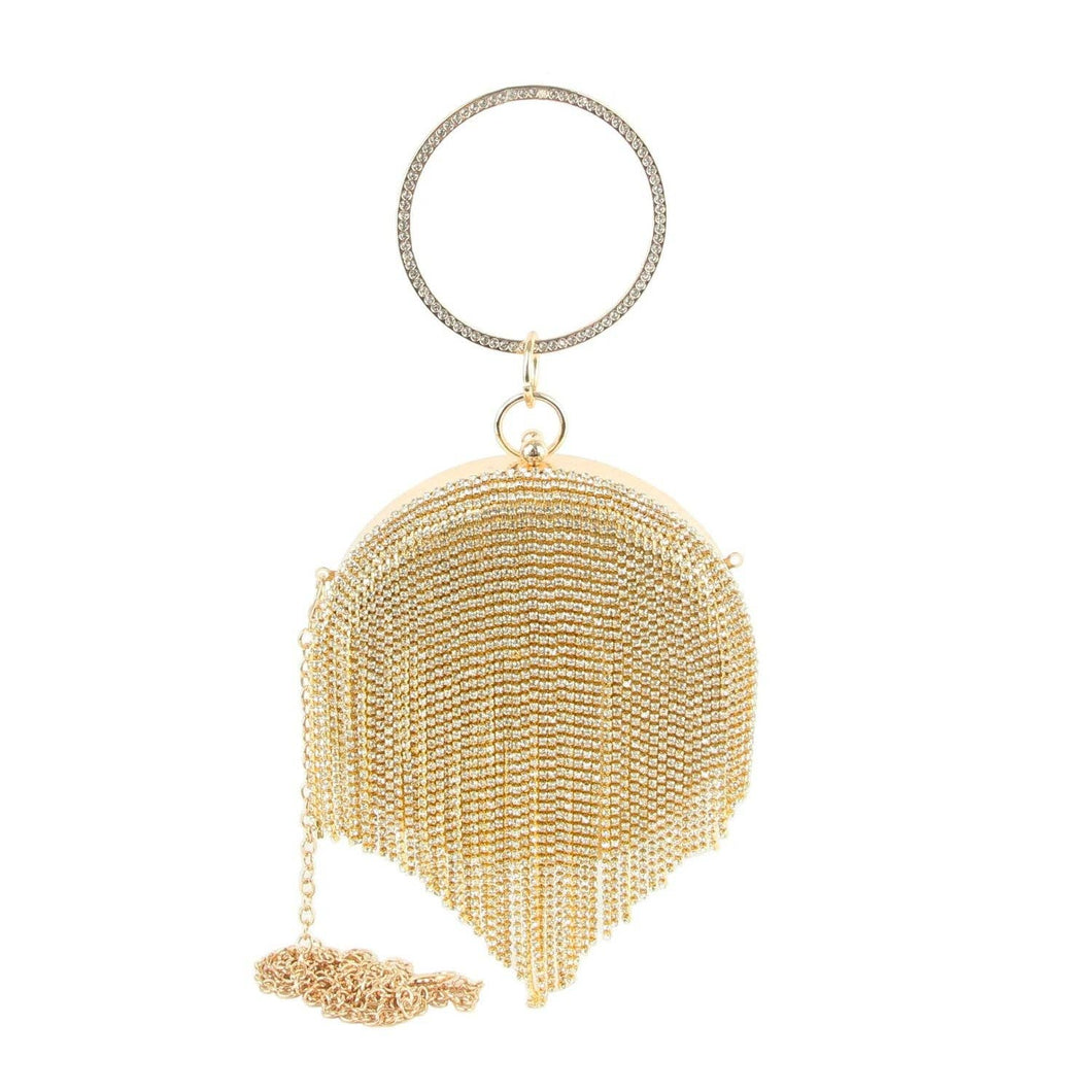 Gold Rhinestone Fringe Wristlet Evening Bag
